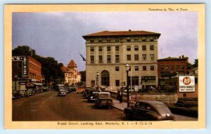 WESTERLY, RI Rhode Island ~ BROAD STREET Scene c1940s Cars A &P Sign  Postcard