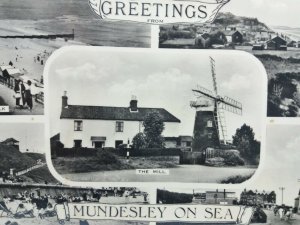 Mundesley on Sea Multiview Vintage Rp Postcard The Mill The Parade Cliff Walk