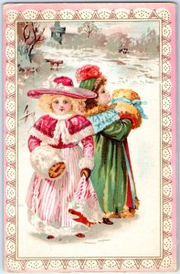 c1890s Cute Victorian Little Girls Puffy Hand Warmer Trade Card Snow Winter C35