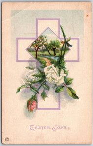 Easter Joys, Purple Cross, Pastoral Scene, White Roses, Red Rosebuds, Postcard