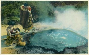 New Zealand hot pool cooking maori woman postcard