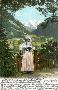 Interlaken woman costume folk type and landscape 1904 postcard Switzerland