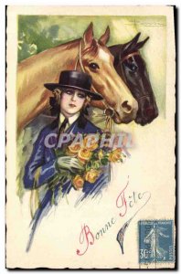 Old Postcard Equestrian Riding Horse Woman Bonne fete