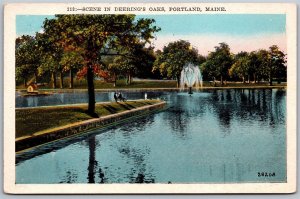 Vtg Portland Maine ME Deering Oaks Park Scene Fountain Lake 1920s View Postcard