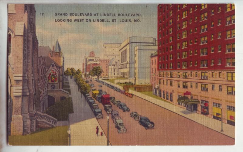 P1151 vintage unused postcard scene many old cars etc lindett st st louis mo.