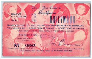 1945 Ticket Breakfast In Hollywood Advertising Los Angeles CA Vintage Postcard 