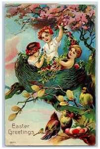 c1910's Easte Greetings Children On Nest Pipe Berry Song Birds Eggs Postcard
