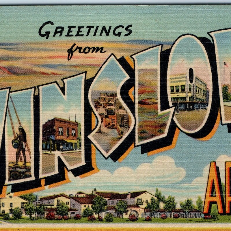 c1940s Winslow AZ Greetings From Large Letter Linen PC Downtown Navajo Hopi A288