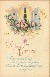 Greeting  HAPPY BIRTHDAY  Pink Flowers~Window Box~Butterflies  ca1910's Postcard