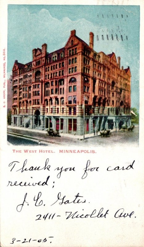 Minnesota Minneapolis The West Hotel 1905 Private Mailing Card