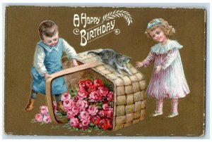c1910's Happy Birthday Children Roses Flowers In Basket Cat Embossed Postcard