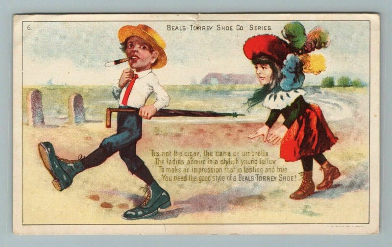 1880 - 1890 Boy Cigar Girl Hat Beals Torrey Shoe Co Series 6 Victorian Tradecard 