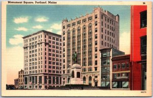 VINTAGE POSTCARD MONUMENT SQUARE SCENE AT PORTLAND MAINE 1930s