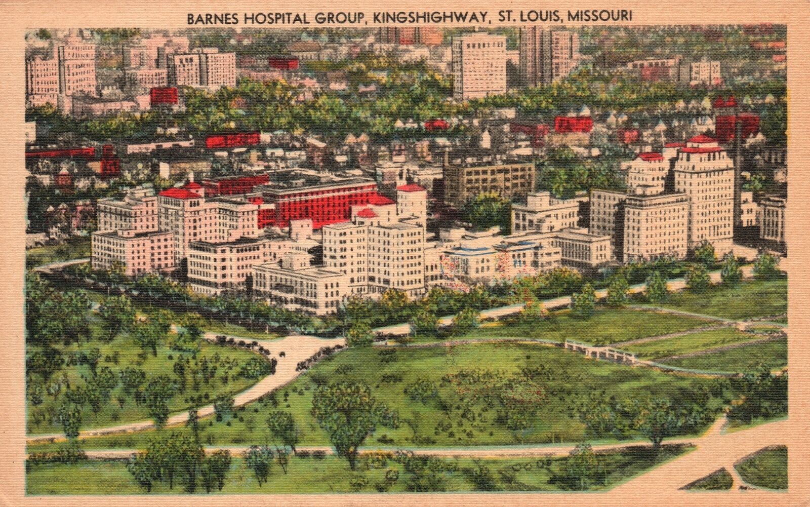 Vintage Postcard 1930's Barnes Hospital Group Kings Highway St. Louis