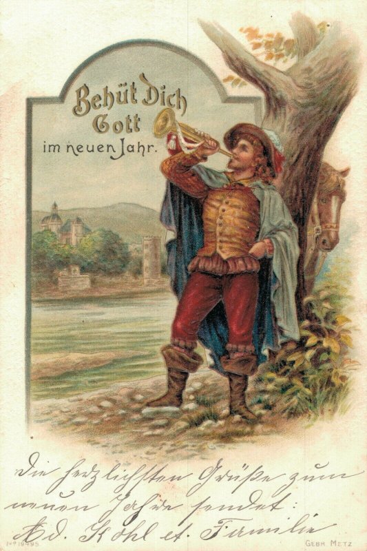 Happy New Year God Keep You Man making Music Embossed Vintage Postcard 07.12