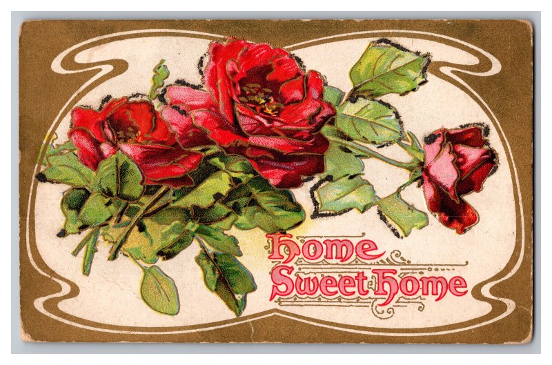 Postcard Home Sweet Home Embossed Card Flowers