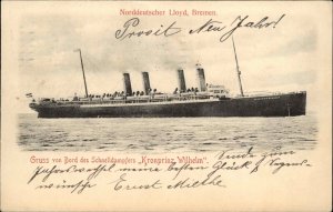 Nordd Lloyd Bremen Steamship Kronprinz Wilhelm Gruss von Bord 1904 USED PC