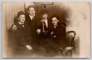 RPPC Four Young Men Pub Table Cigars Candlestick Telephone Postcard G29