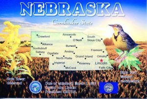 NEBRASKA Map Postcard - The Cornhusker State -  State Symbols