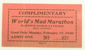 1930 World's Mad Marathon Martin's Dance Pavillion Ticket #2 P1