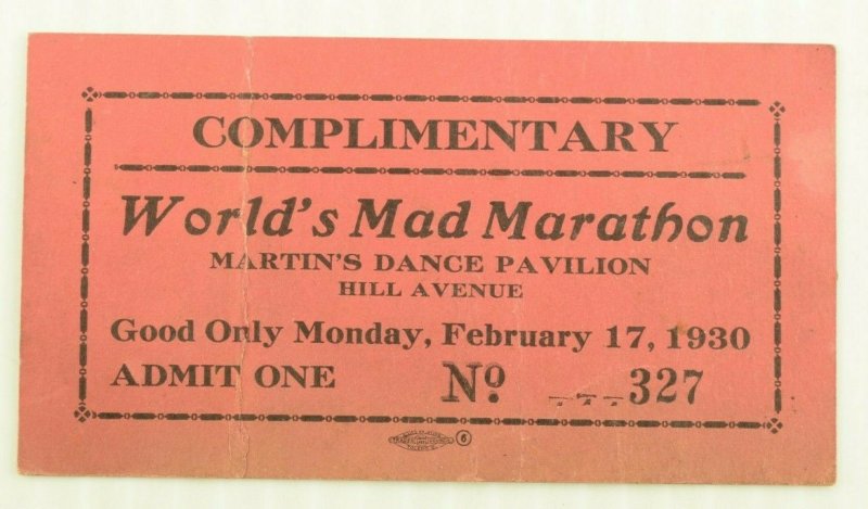 1930 World's Mad Marathon Martin's Dance Pavillion Ticket #2 P1