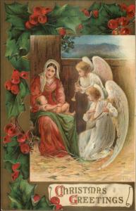 Christmas - Mary & Baby Jesus Angels Play Music c1910 Embossed Postcard