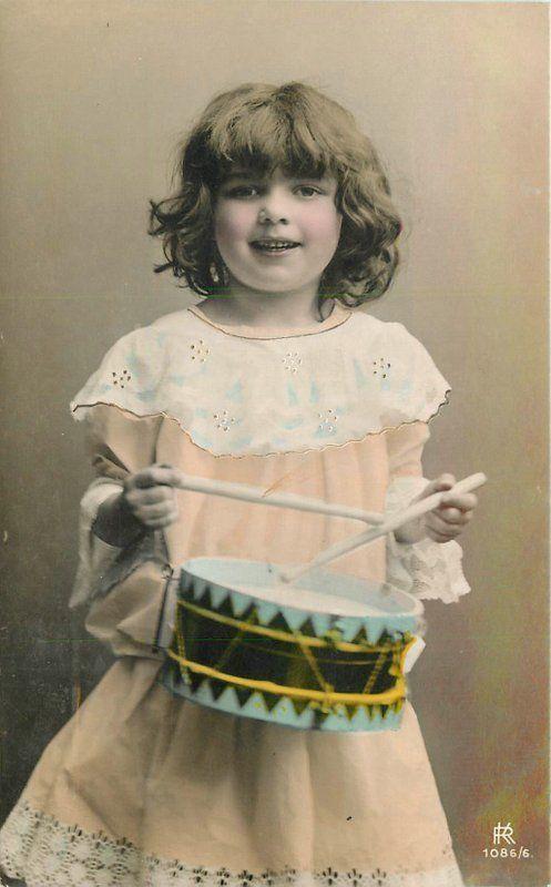 C-1910 Hand Tint Girl Toy Drum interior postcard 7603