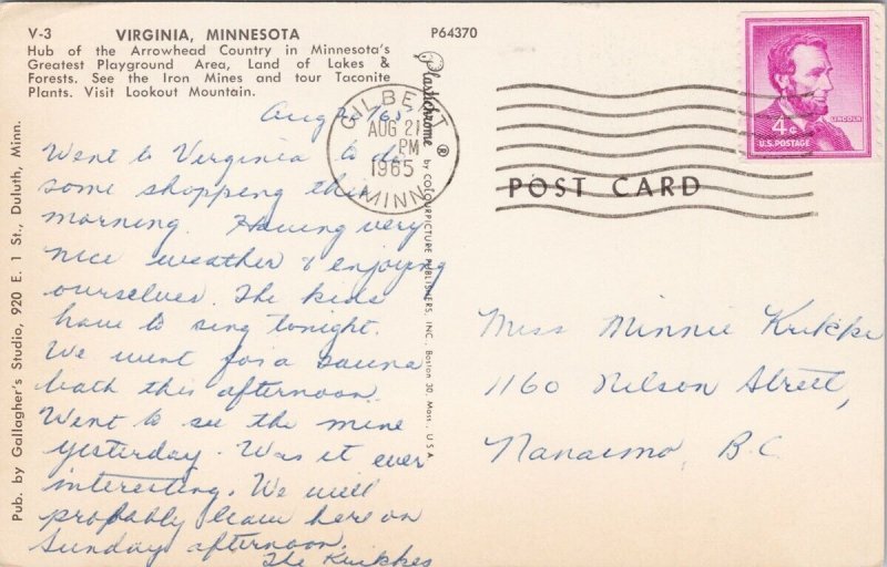 Virginia Minnesota Arrowhead Country 1965 Gilbert MN Cancel Vintage Postcard H48