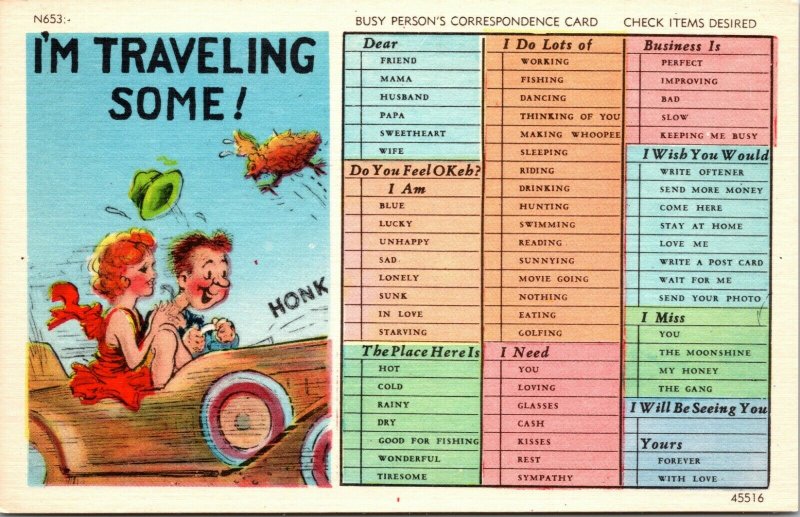 Linen Comic - I'm Travelling Some... Busy Person's Correspondence postcard 