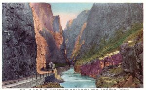 Vintage Postcard D&RGW Train Stopping At Hanging Bridge Royal Gorge Colorado CO