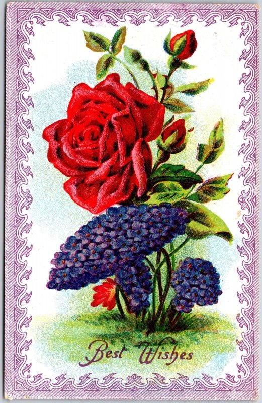 1911 Best Wishes Forget-Me-Nots Red Roses Calligraphy Border Posted Postcard