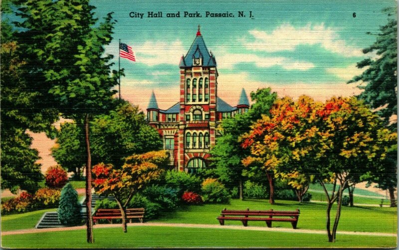 Passaic NJ New Jersey City Hall and Park UNP Linen Postcard Q15