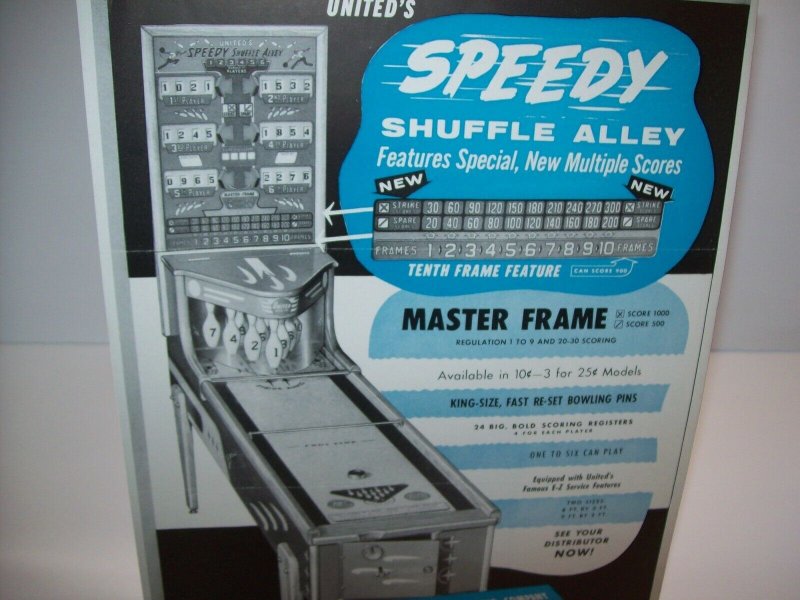 Speedy Shuffle Alley Arcade FLYER United 1954 Original Bowling Game Art Sheet 