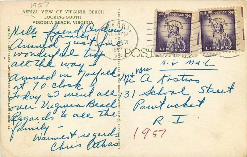 Aerial View Virginia Beach Virginia South Peninsula Teich 1957 Postcard 7484