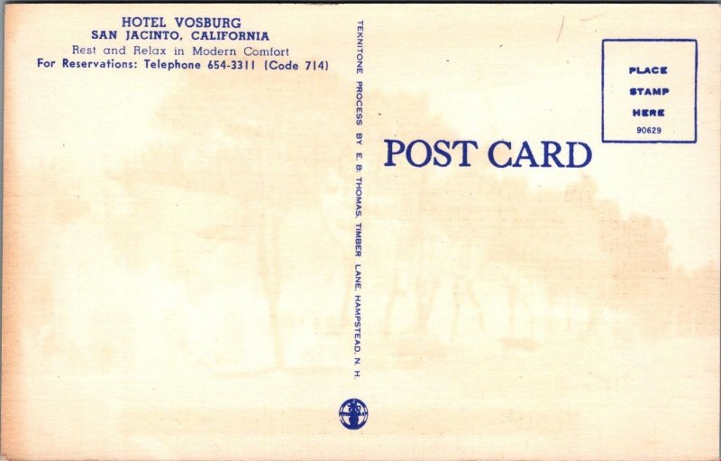 Postcard Hotel Vosburg San Jacinto California CA