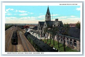 Cheyenne Wyoming WY Postcard Union Pacific Station Track Side c1930's Vintage