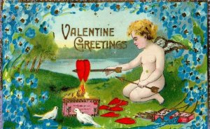 c1910 Cupid Roasting Hearts Floral Border Vintage Postcard P118