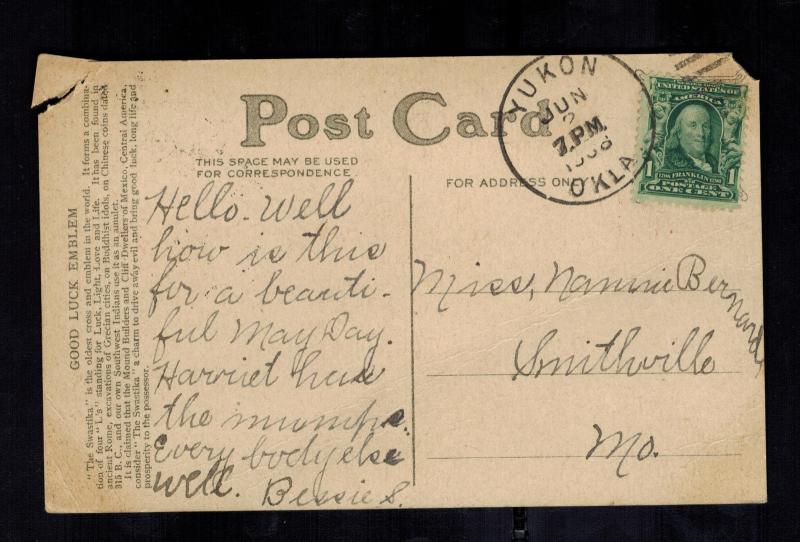 1908 Yukon Oklahoma EE.UU. Buena Suerte Suástica Tarjeta Postal Funda a