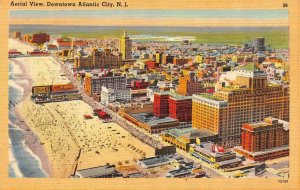 ATLANTIC CITY, New Jersey  BIRD'S EYE VIEW DOWNTOWN & BEACH  c1940's NJ Postcard