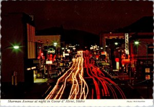 Coeur d' Alene, ID Idaho  SHERMAN AVENUE STREET SCENE~Night View   4X6 Postcard