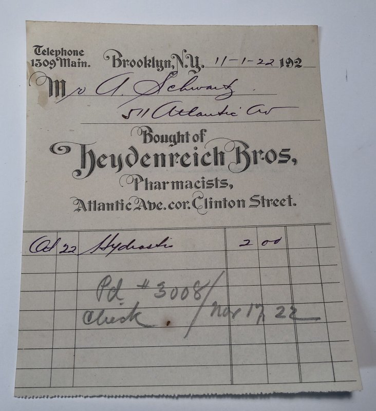 1922 HEYDENREICH BROS Pharmacists Atlantic Ave Clinton St NEW YORK Billhead