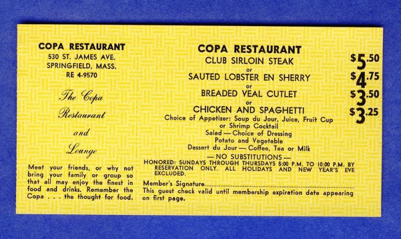 Vintage 1968 Copa Restaurant Coupon, Springfield, Massachusetts/MA