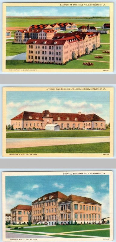 3 Postcards SHREVEPORT, LA ~ WWII Military BARKSDALE FIELD Barracks Officer Club