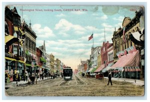 1910 Washington Street Looking South Trolley Pulaski Green Bay WI Postcard