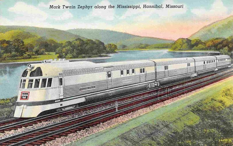 Mark Twain Zephyr Streamliner Railroad Train Hannibal MO linen postcard