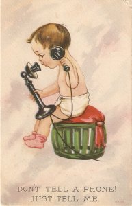 Baby at a phone. Don't tell the phone.. Humorous antique postcard