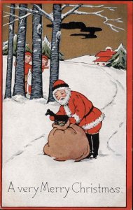 Christmas Cute Kids Spy on Santa Claus Toy Horse Vintage Postcard