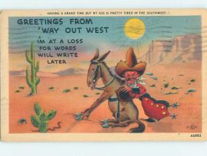 Linen western OLD WEST COWBOY TRYING TO PUSH HIS DONKEY MULE HL3435