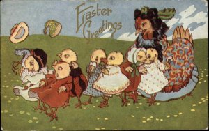 EASTER FANTASY Chicks and Hen Dressed as People c1910 Postcard