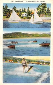 ID, Idaho SPORTS On LAKE COEUR D'ALENE  Sailboats~Water Skiing ca1940's Postcard